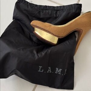 L.A.M.B. Tan and Gold Heels. calfskin leather